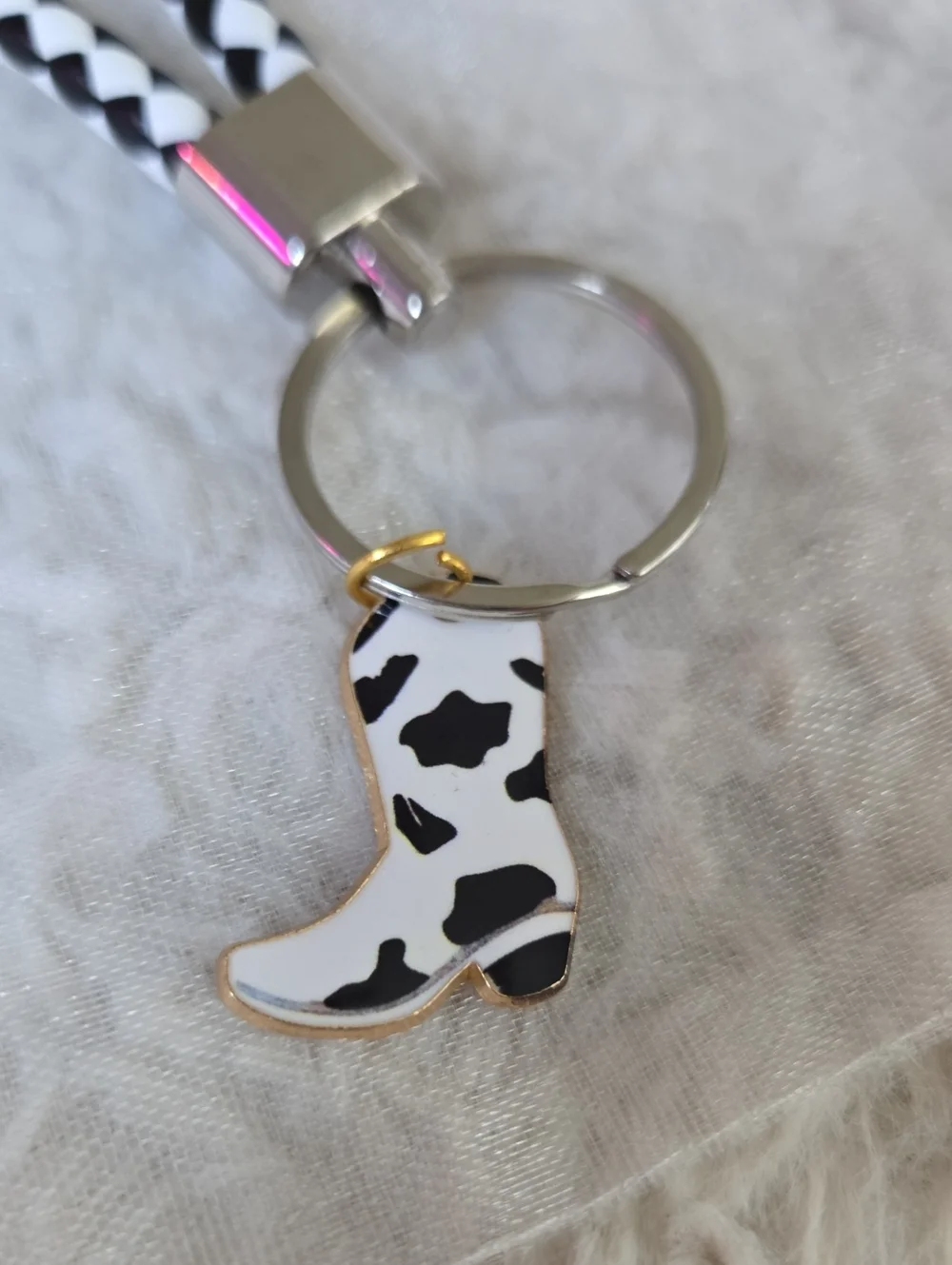 Cow Print Boot Keychain with Braided Loop - Black & White